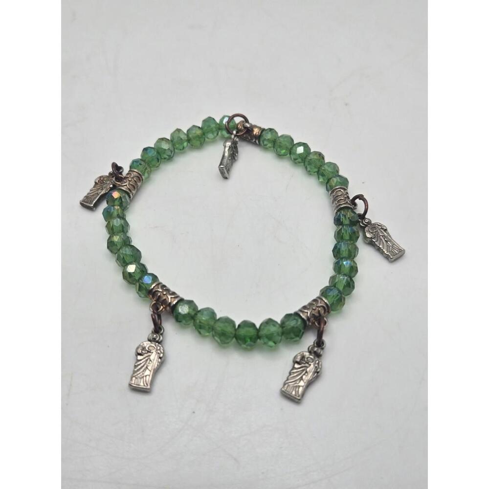 St Jude Bracelet Beaded Green Stretch Bracelet With Silver Tone Charms